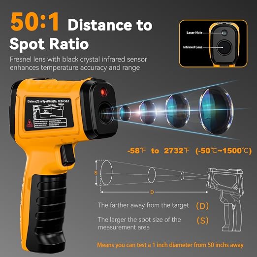 50:1 Infrared Thermometer Gun，-58°F to 2732°F，with K-Type Probe | 932°F K-Type Probe Included，Humidity & Ambient Condition Monitoring，Industrial HVAC & Equipment Diagnostics