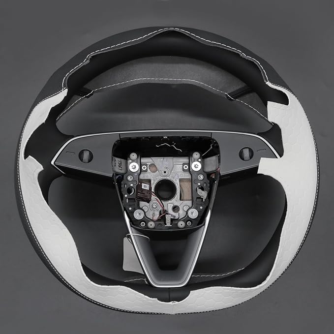 MEWANT Stitching Black White Embossed Faux Leather Steering Wheel Cover for Tesla Model 3 Highland 2025 Model Y Juniper