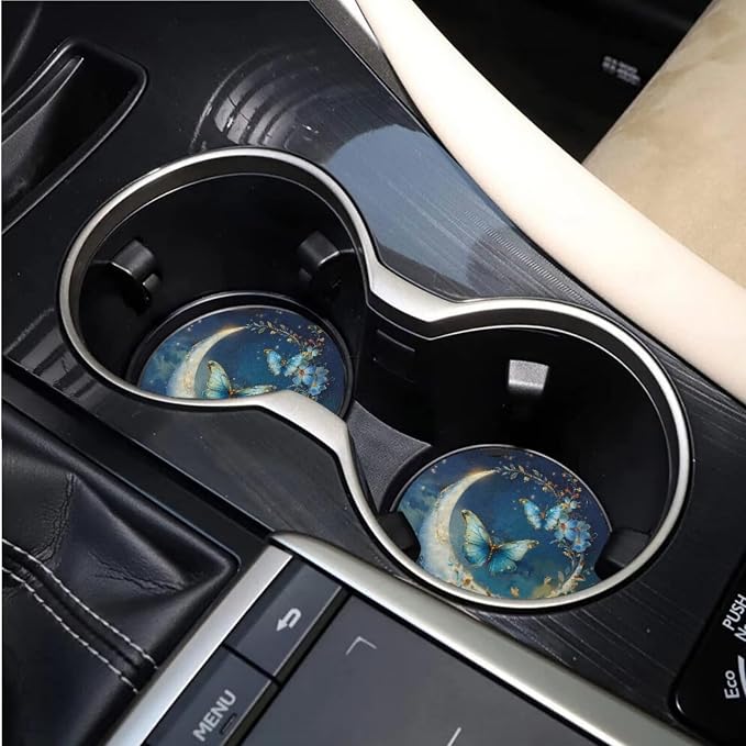 BIGCARJOB Moon Butterfly Car Seat Cover Full Set 15 Pieces Butterfly Print Car Interior Accessories Set with Steering Wheel Cover Car Trash Can Hanging Seat Headrest Covers for Womens
