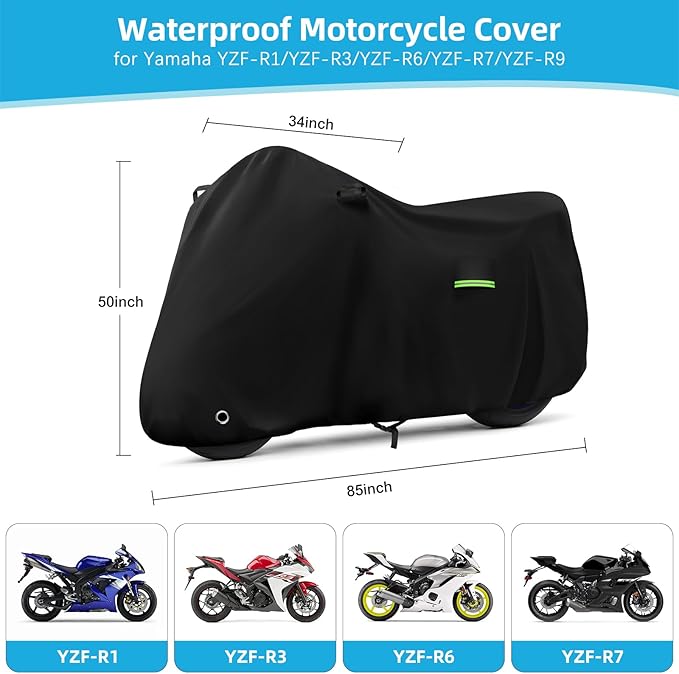 Motorcycle Cover Waterproof for Yamaha R1 R3 R6 R7 R9, Heavy Duty Outdoor Sun Rain Snow UV Dust All Weather Protection Motorbike Cover with Soft Cotton Lining & Lock Hole