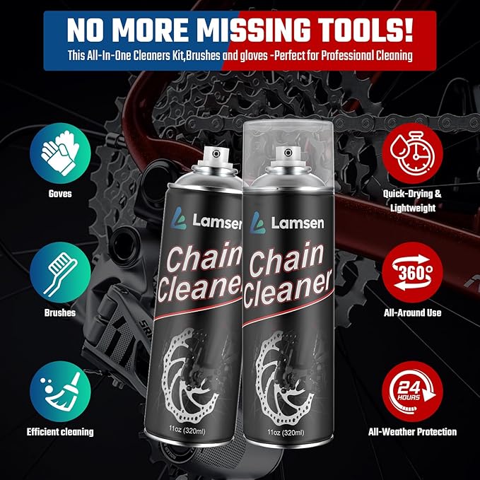 Chain Cleaner, Brake Cleaner Spray Can, Professional Bike Chain Cleaner Set, Motorcycle Cleaning Kit with Chain Cleaner 11oz 2 Can Including Brushes and Gloves for Cleaning All Bicycles
