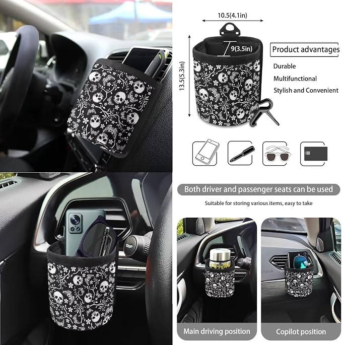 Wanyint Skull Butterfly Floral 15 PCS Car Seat Covers Set for Men Women, Seat Protector with Steering Wheel Cover Seat Belt Pads Trash Bin Sunglass Pocket Rear View Mirror Protector Coasters Key Chain