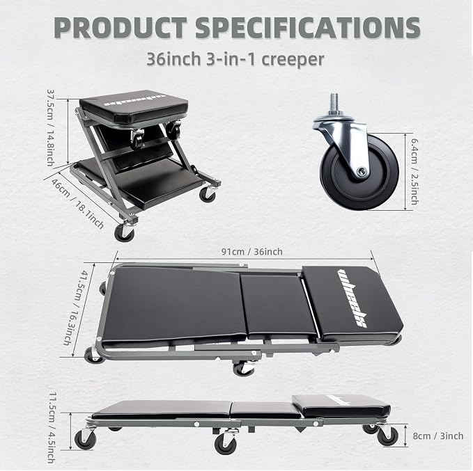 Mechanic Creeper 36 inches 3-in-1 Mode Z Seat 340lbs Capacity, Foldable Garage Adjustable Rolling Folding with 6pcs Wheels Roller, Lay Down Sit Lean Back, Under Car Auto Repair, Grey, Man Gift