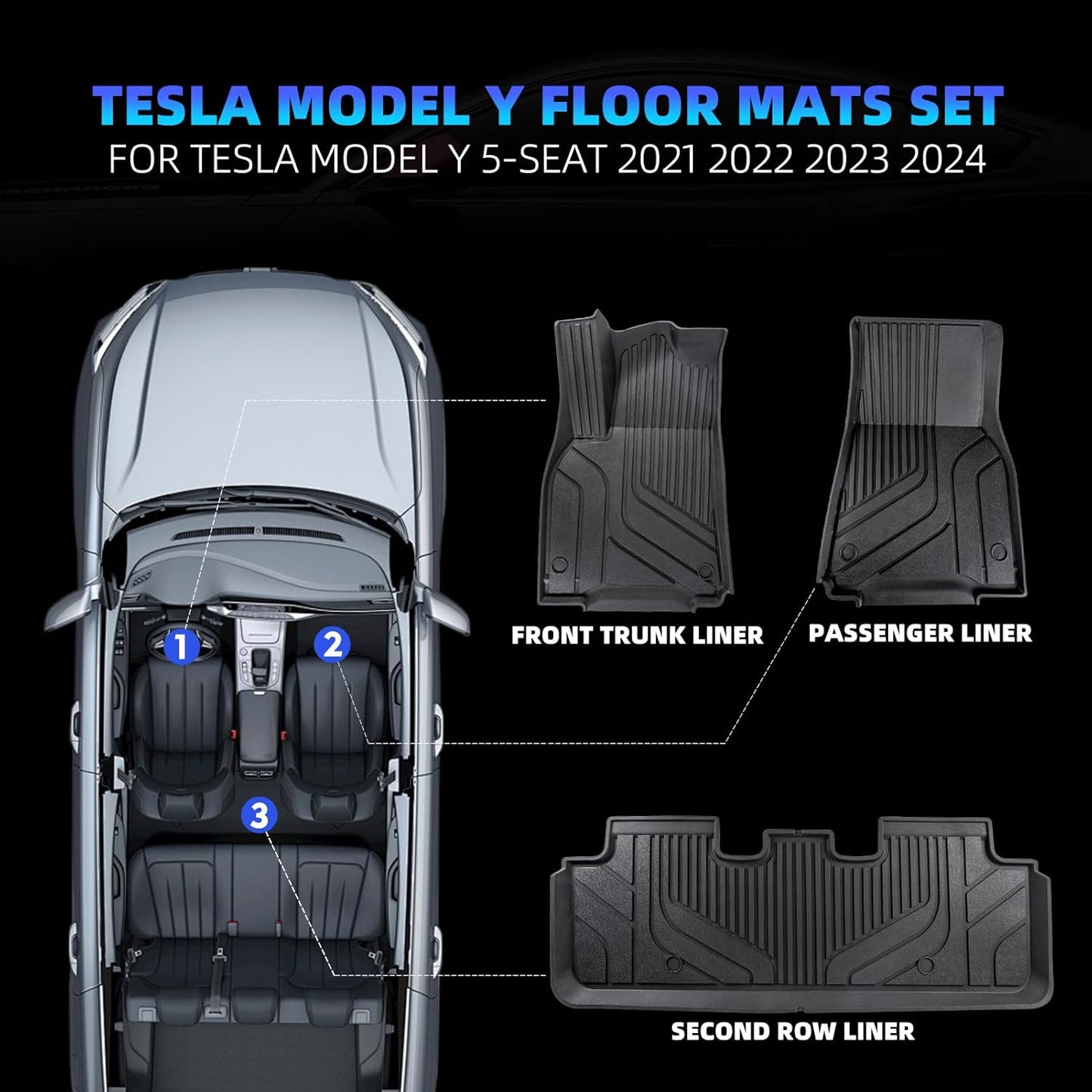 Tesla Model Y Floor Mats for Tesla Model Y 2020-2024,TPE All Weather Custom Fit Floor Liner 1st and 2nd Row Car Liners,Tesla Interior Accessories (Model Y Floor Mats 3PCS)