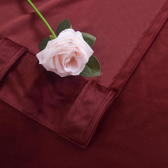 Roslynwood Luxury Soft Ruby Wine Velvet Curtains 108 inches Long Back Tab Thermal Insulated Blackout Window Drapes for Living Room/Bedroom/Dining Room, W52 x L108, 2 Panels