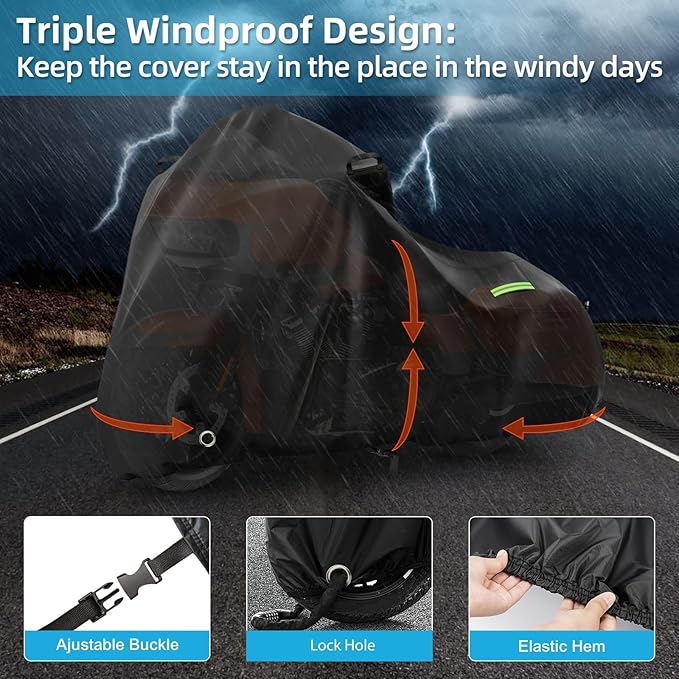 Motorcycle Cover Waterproof for Touring Models Road King/Road Glide/Street Glide/Electra Glide, Heavy Duty Sun UV Rain Snow Outdoor Protection Motorbike Cover with Soft Cotton Lining & Lock Hole