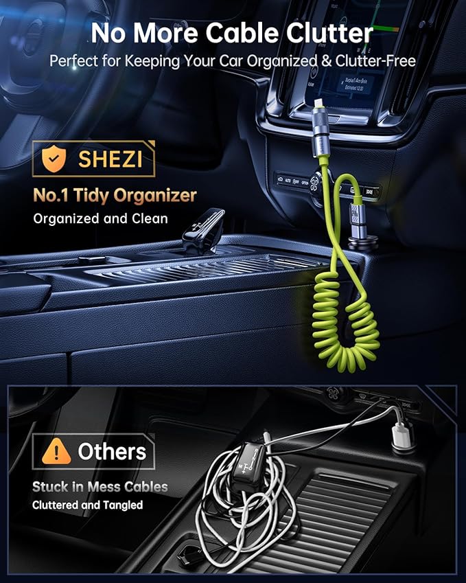 2 Packs Car Cable Bundle, Coiled USB C Cable 60W and 4 in 1 Fast Charger 240W, 5FT Green