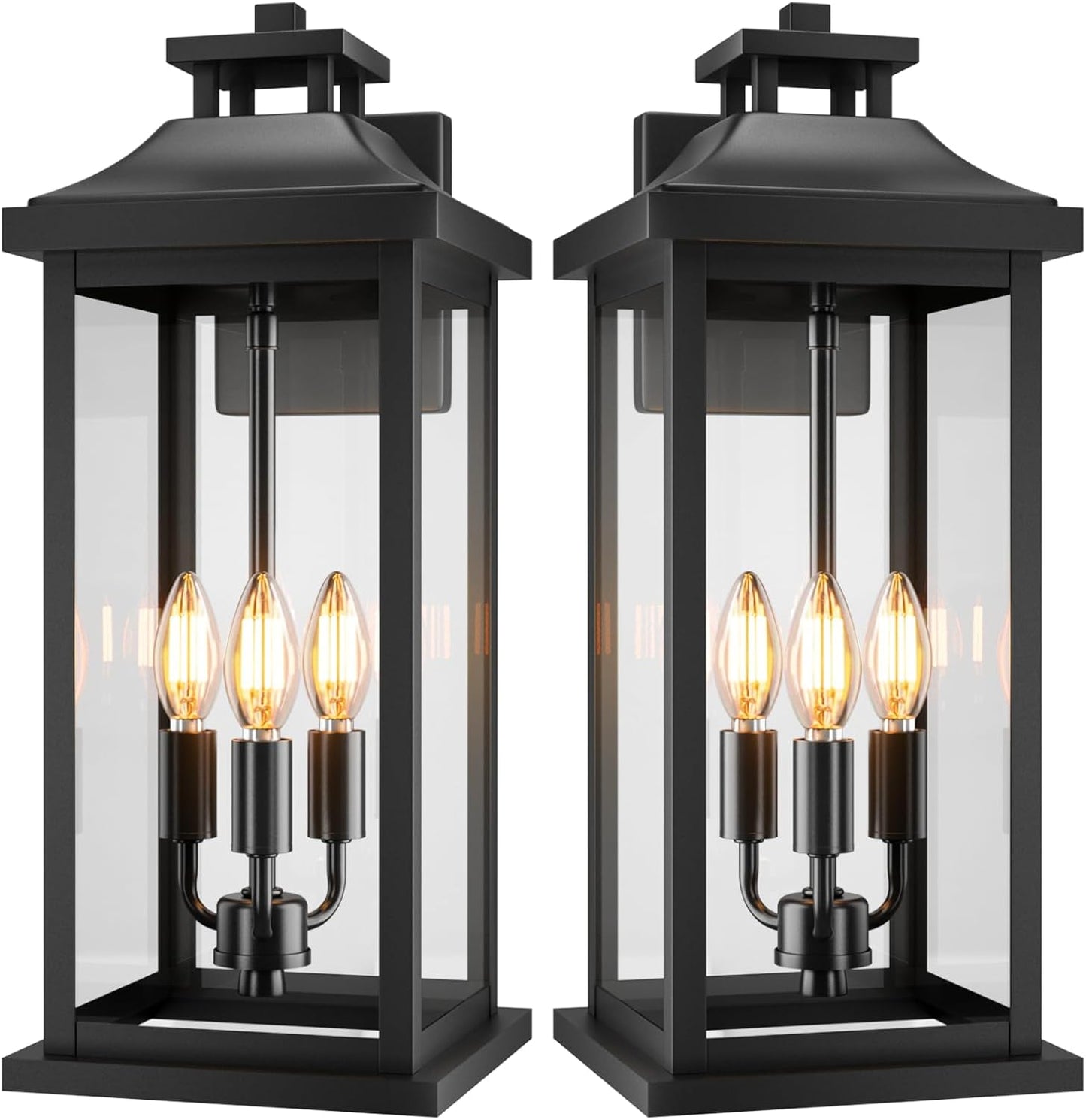 20" Large Outdoor Light Fixtures 3-Light 2 Pack, Black Outside Modern Porch Lights for House, Exterior Wall Sconce Lanterns Wall Mounted Waterproof Outdoor Coach Lamps for Garage E12
