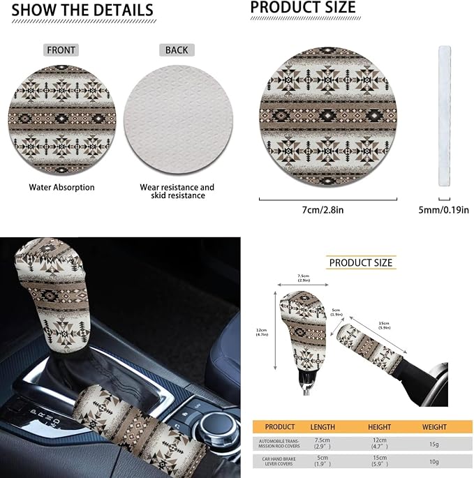 Dreaweet Tribal Car Seat Covers Full Set Geometric Pattern Car Decor Universal Car Seat Covers with Steering Wheel Cover/Armrest Cover/Seat Belt Pads/Coasters/Gear Shift & Handbrake Cover,12 Pcs Set