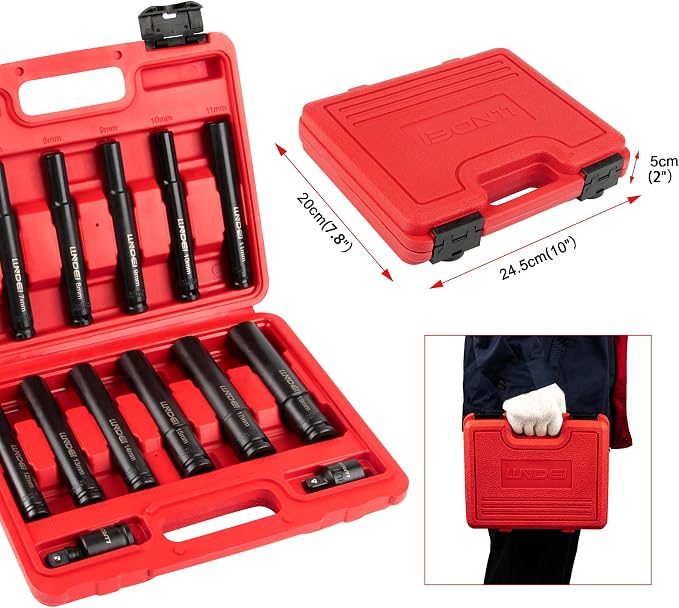 LLNDEI 14PCS 3/8″ Drive Impact Deep Well Socket Set Metric, Extra Long Reach 6-19mm, 6-Point Weighted Deep Impact Sockets for Auto Engine & Motorcycle Repair, Cr-V Steel with Black Oxide Coating