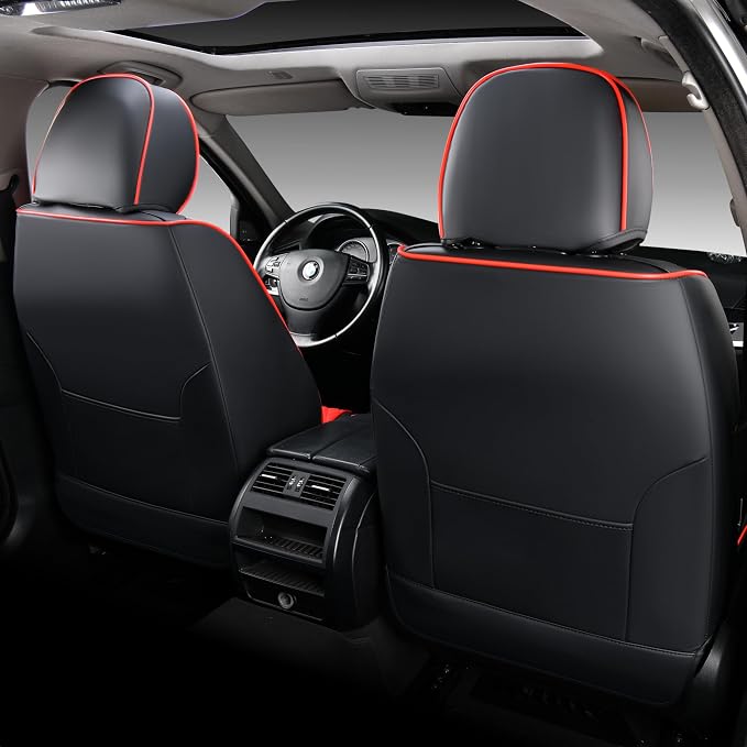 Doogo Front Seat Covers, Leather Seat Covers for Cars,Waterproof Car Seat Protector 2PCS, Auto Driver Seat Cover Accessories Fit for Most SUV Trucks(Black&Red,Front Pair)