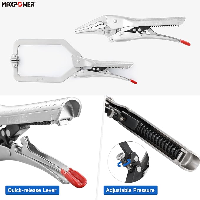 MAXPOWER 2 Pieces Self-adjusting Locking Pliers Clamp Set, 7 inch Long Nose Pliers, 10.5 inch Locking C Clamp