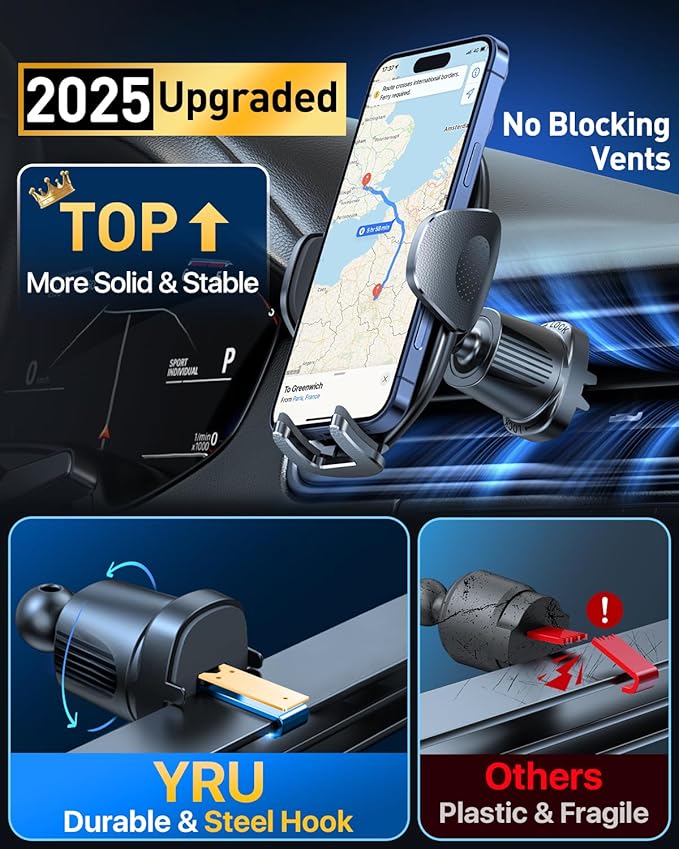 YRU Upgraded Universal Car Phone Holder Mount【360°Rotatable & Strong Suction】 Cell Phone Car Dashboard Windshield Phone Holder Dash Vent Stand for iPhone 17 16 Pro Max Samsung Truck, Star Blue