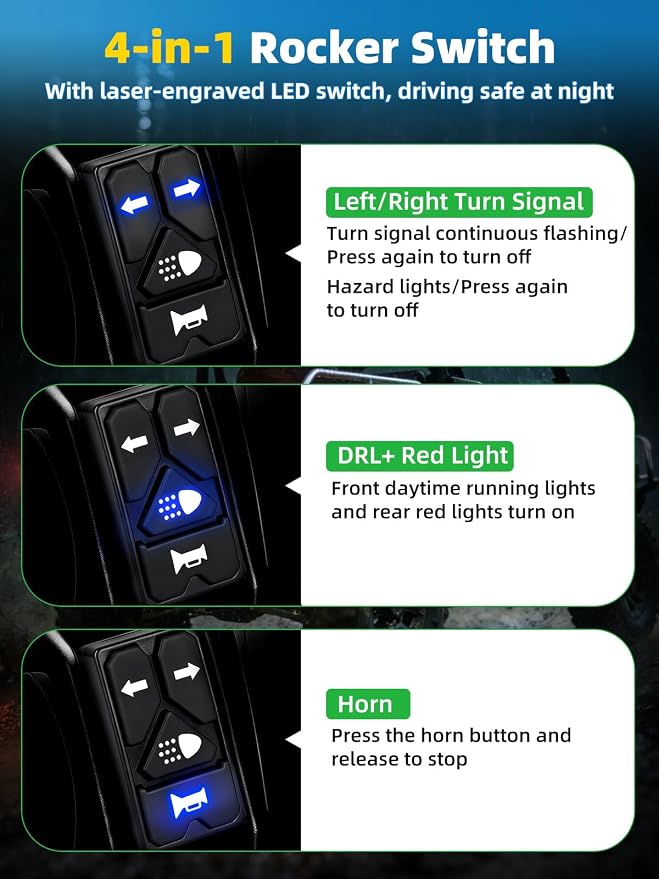 UTV Turn Signal Kit with White DRL/Red Running Light 4-in-1 Rocker Switch 110DB Horn Pre-Wired Plug & Play UTV Universal Street Legal Blinker kits for Polaris, Can-Am, CFMOTO for Side By Side