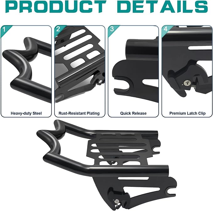 Black Crown Detachable Mounting Luggage Rack for 2009-2025 2026 Harley Touring Street Glide, Electra Glide, Road King, Road Glide Models Rear Grab Handles Brackets
