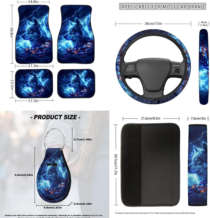18 Pcs US Flag Wolf Lightning Car Interior Accessories Set, Car Seat Covers Full Set with Auto Floor Mats Steering Wheel Cover Armrest Pad Handle Wraps Seat Belt Pads Keychains Cup Coaster