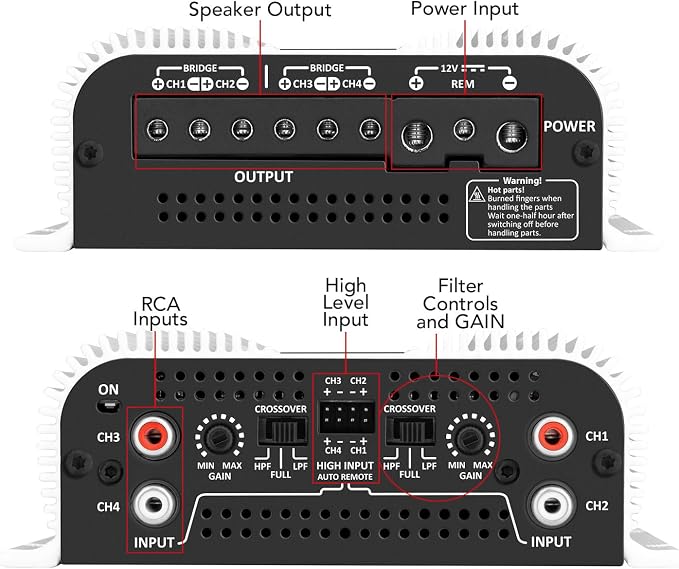 Taramps TS 1200x4 Amplifier Car Audio 1200W RMS 2 Ohms 4 Channels 2 Bridged Channels, Full Range Crossover Fixed RCA/Wire Input - Multichannel Class D