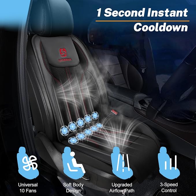 Cooling Car Seat Cushion with 10 Powerful Turbo Fans, 12V-24V Ventilated Cooling Car Seat Cushion, 3-Speed Adjustable Breathable Cooling Seat Cover for Car SUV Truck Universal Fit (Black)