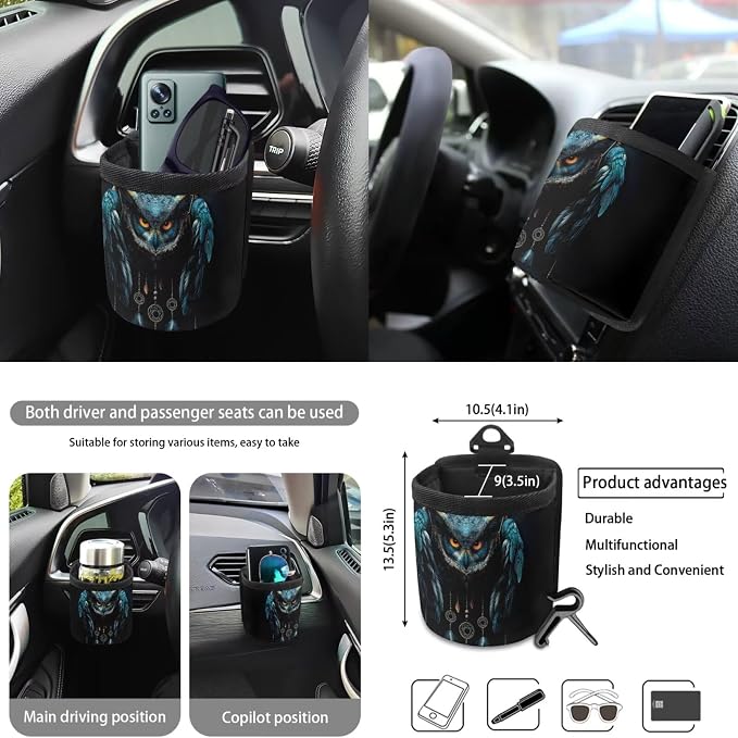 Owl Dreamcatcher Print Car Seat Covers Full Set Car Accessories Pack of 10 Steering Wheel Cover Car Trash Can Keychain Air Vent Pounch Bag Cup Holder Interior Covers for Auto