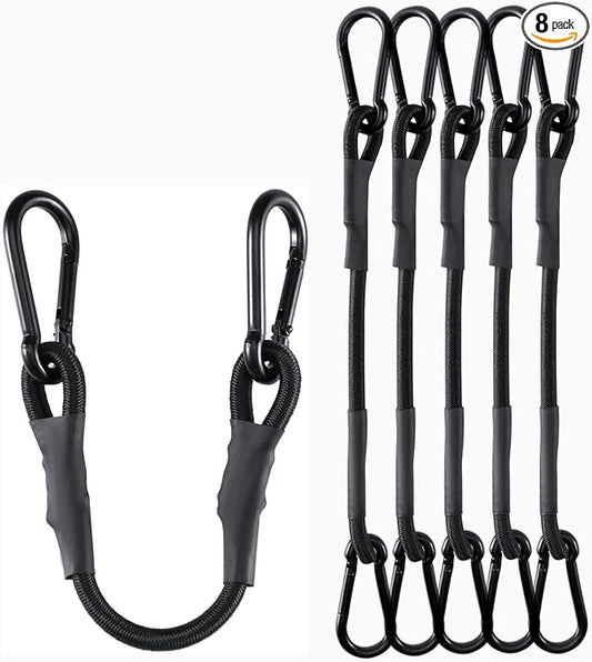 8 Inch Short Small Carabiner Bungee Cord with 190 Lbs Max Break Strength, 8 Pcs Black Mini UV Resistant Bungee Straps with Upgraded Carabiner Hooks, Great for Cargo, Bike, Kayak Boat, Luggage, etc