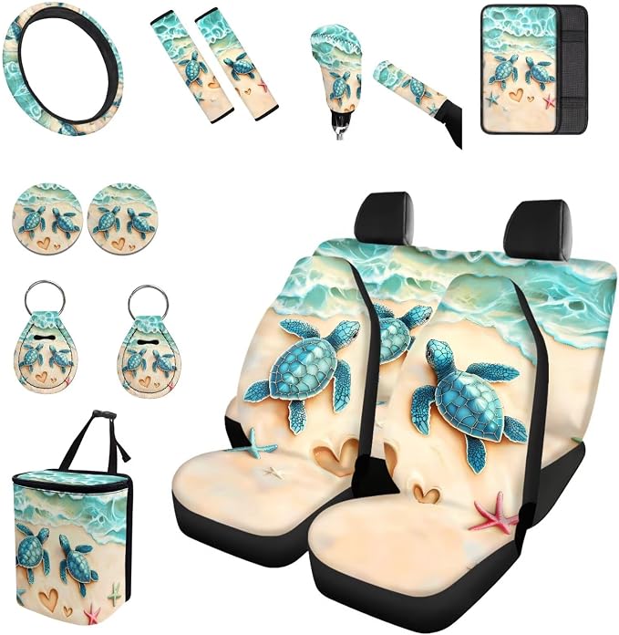 Forchrinse Sea Turtle Car Seat Cover Full Set for Women Men 15pcs Auto Interior Accessories Protector with Steering Wheel Cover Armrest Shoulder Pads Handbrake Gear Cover Garbage Can