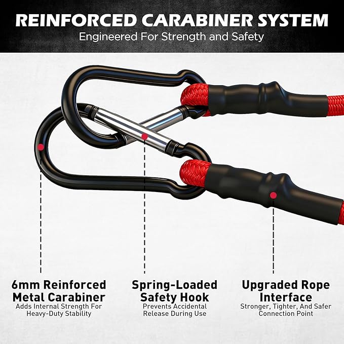 5-Piece 24 Inch Bungee Cords with Carabiner Hooks, Heavy Duty Rubber Elastic Tie Down Straps, Bungee Cord with Carabiner Clips for Cargo, Truck Bed, Camping, Motorcycle and Outdoor Use (Red)