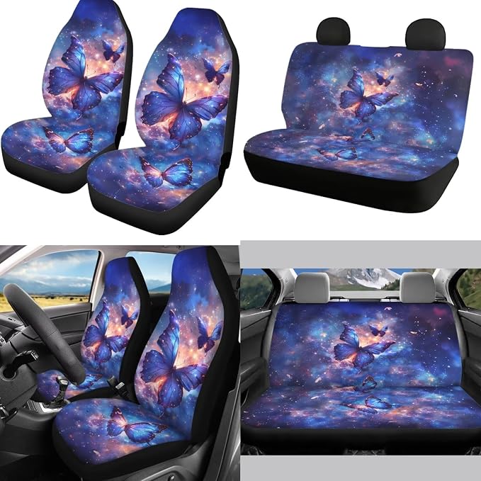 Mumeson Butterfly Galaxy Pattern Car Seat Covers 8 Pack Auto Interior Decor Set 2 Piece Car Seat Covers with Non-Slip Steering Wheel Covers 2 Pcs Seatbelt Covers Cushion Car Armrest Cover Pad
