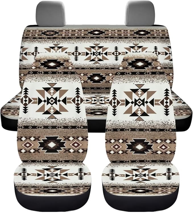 Dreaweet Tribal Car Seat Covers Full Set Geometric Pattern Car Decor Universal Car Seat Covers with Steering Wheel Cover/Armrest Cover/Seat Belt Pads/Coasters/Gear Shift & Handbrake Cover,12 Pcs Set
