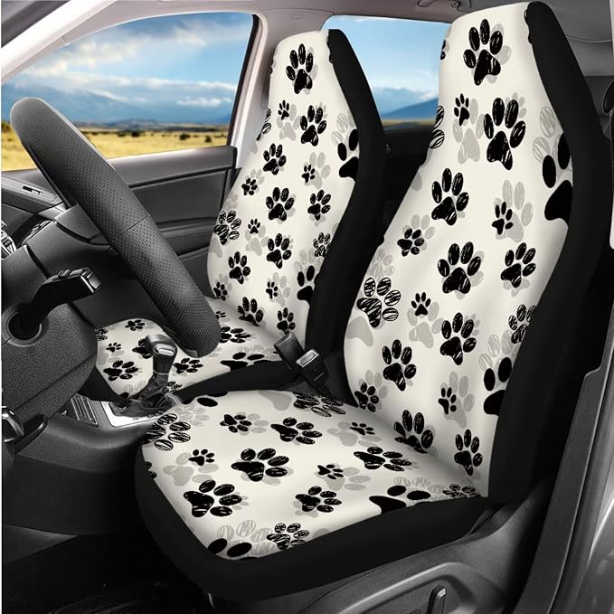 Dog Paw Print Car Seat Covers Full Set with Car Steering Wheel Cover Auto Center Console Pad Cover Seat Belt Pads 8 Pcs Automotive Interior Accessories Set for Women
