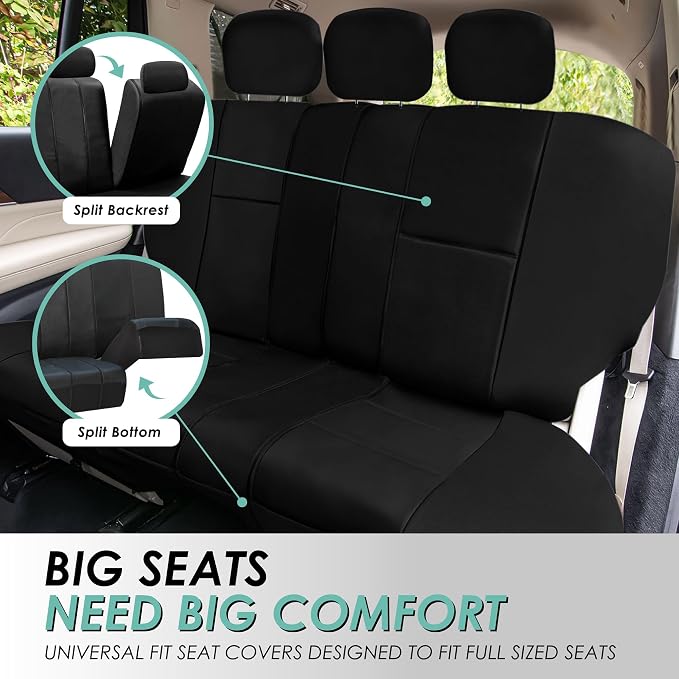 FH Group Car Seat Cover Airbag Compatible Full Set Black Premium PU Leather - Split Bench Combo Vinyl Floor Mats Seat Covers Interior Accessories Universal Fit for Cars Trucks SUV