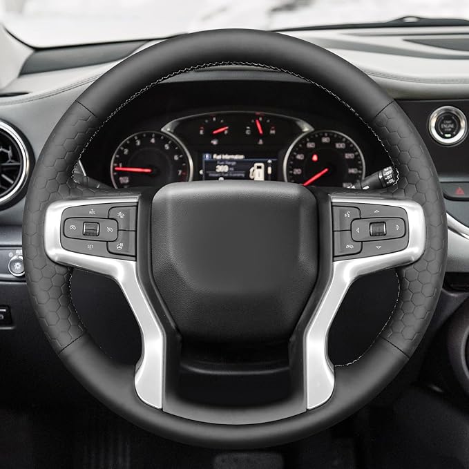 MEWANT DIY Black Solid Embossed Artificial Leather Steering Wheel Cover for Chevy Silverado 1500 Blazer Suburban Tahoe