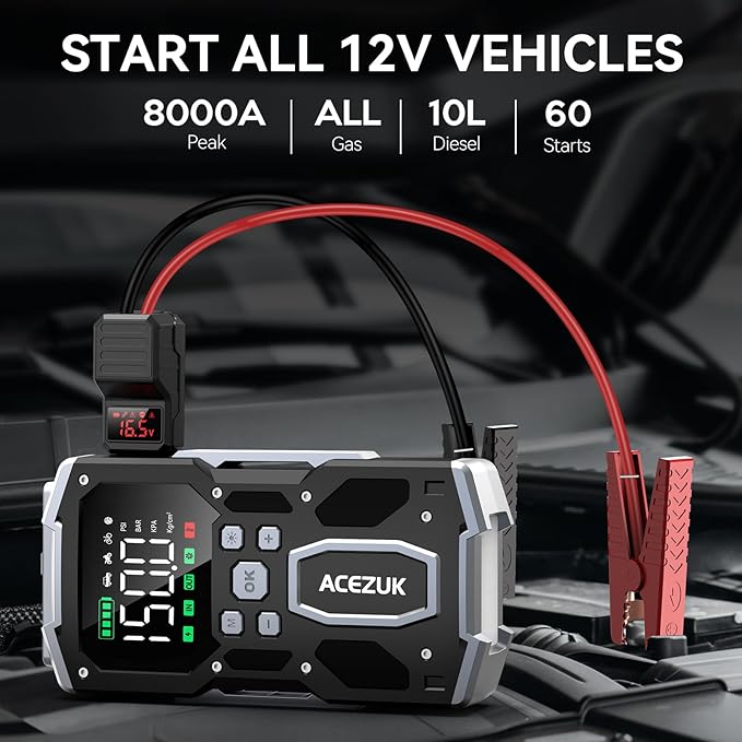 Portable Car Jump Starter with Air Compressor, ACEZUK 150PSI 8000A Jump Starter (All Gas/10.0L Diesel), 12V Battery Jump Box Car Battery Jumper Starter with 3.4" LCD Display, 2 Lights