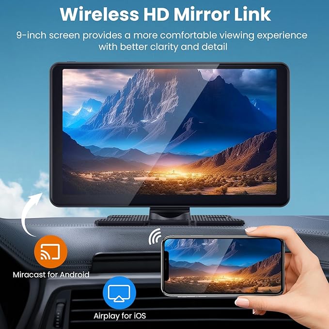 9" Wireless CarPlay Screen Car Stereo Compatible Apple CarPlay and Android Auto Portable Touch Screen AirPlay, GPS Navigation, Bluetooth, Voice Control, Mirror Link (9 Inch)