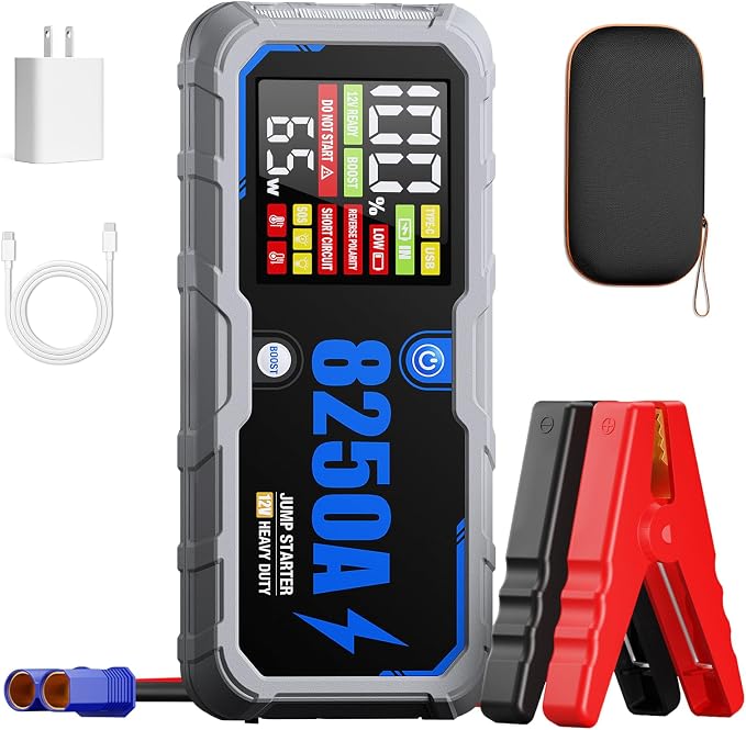 Portable 8250A Car Battery Jump Starter with PD-65W (for All Gas or 10.0+L Diesel), 12V Potable Car Jump Start with 4.01 inch HD Screen, 2 USB Power Bank 24-Months Stand-by Time