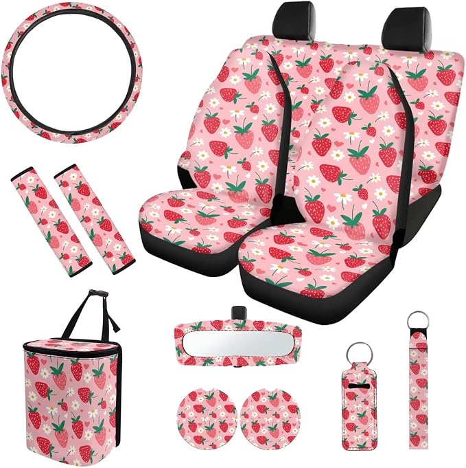 Strawberry Pink Car Seat Covers Full Set for Most Cars, with Seat Belt Pads Steering Wheel Cover Car Trash Bin Rear View Mirror Cover Car Coasters Keychain Holder Keychains, 12pcs