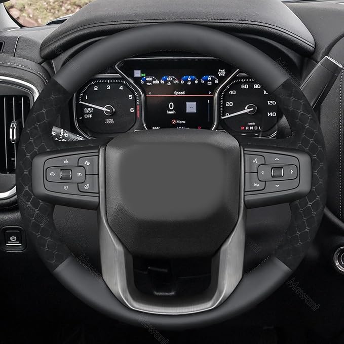 MEWANT Hand Stitch 3D Style Real Leather Steering Wheel Protector Wrap Cover for GMC Sierra 1500 2019-2023/Sierra 1500 Limited 2022/Sierra 2500 2020-2024/Sierra 3500 2020-2024/Yukon 2021-2023