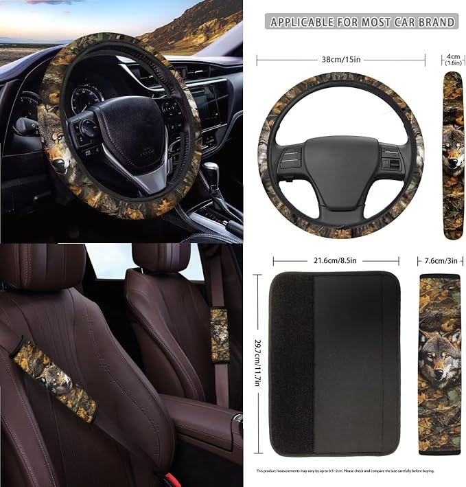 Wolf Hunting Camo Print 15 Pieces Car Accessories, Car Seat Cover Steering Wheel Cushion, Seat Belt Pad Trash Can Air Vent Storage Bag Cup Coasters Rearview Mirror Cover Keychain