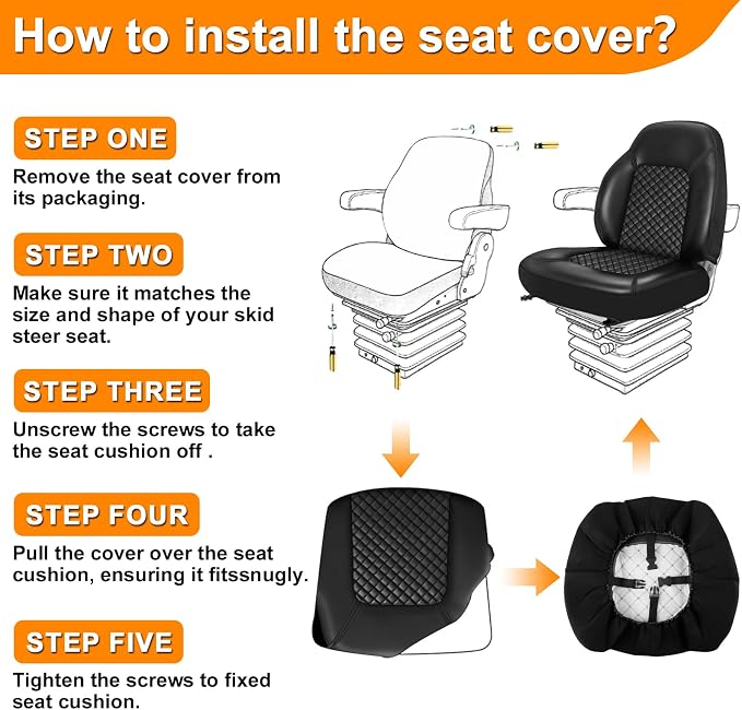Industrial Vehicle Seat Cover for Skid Steer, Heavy Duty Leather Seat Cover, Compatible with John Deere, Caterpillar, Kubota, Bobcat, New Holland, Black