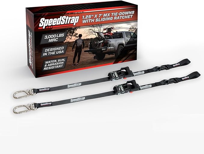 SpeedStrap Motorcycle Tie-Downs with Adjustable Sliding Ratchet (2-Pack) 1.25 Inch x 7 Feet (3,000lb MRC) - Moto Tie Down Straps with Swivel Carabiner, Built-in Soft Ties & Safety S-Hooks - Black