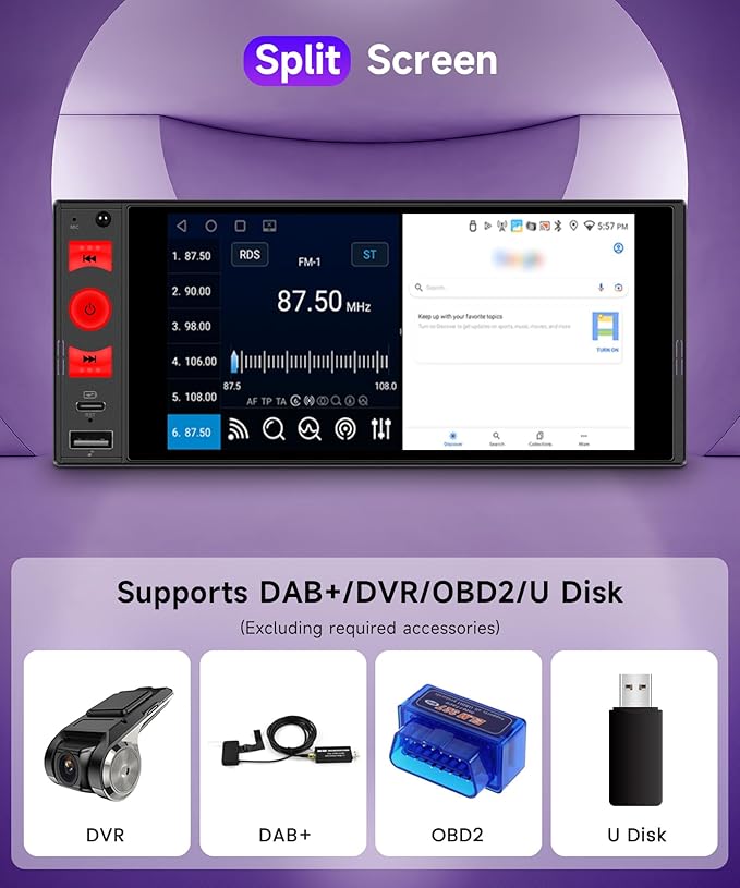 4G+64G Rimoody Car Radio Android 15 Single Din Wireless Carplay Android auto, 1 Din Car Stereo Bluetooth 5.0, Car Audio Receivers GPS WiFi EQ USB/Type-C, FM/RDS, Car Multimedia Player Backup Camera