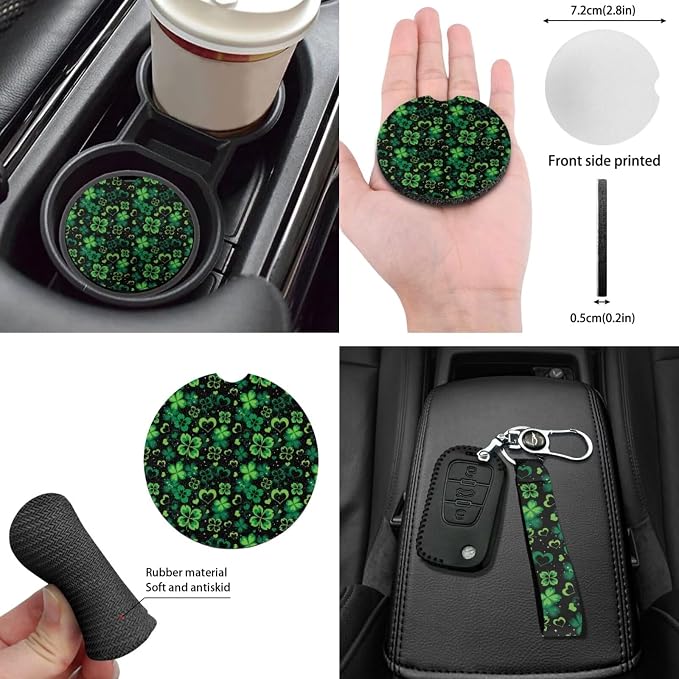 Green Car Accessories 14Pcs Love Heart Green Leaves Car Seat Covers Full Sets St Patrick Day Decorations for Most Vehicle Truck Gift,Universal Steering Wheel/Seatbelt/Key/Mirror Cover/Coaster