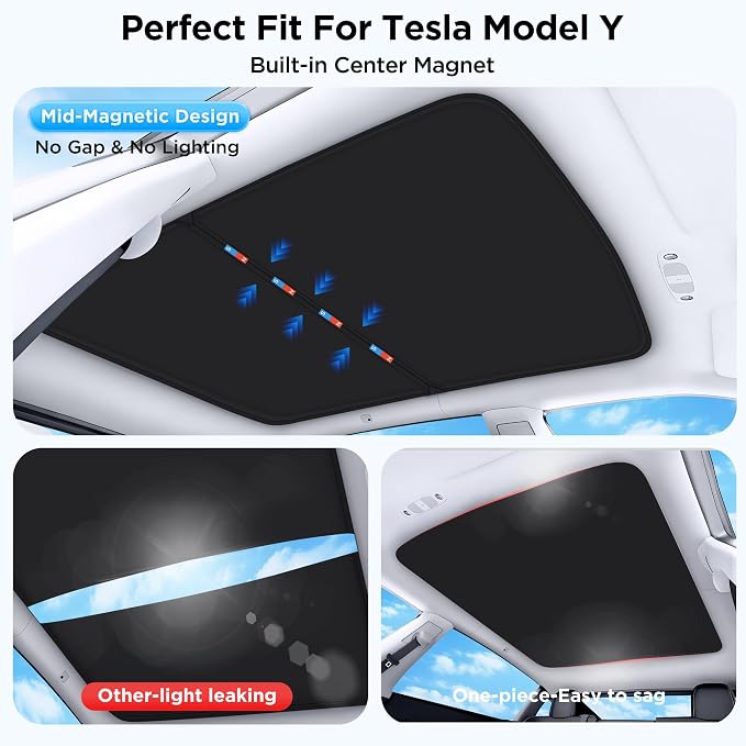2026 Upgraded for Tesla Model Y Accessories Sunshade Roof [No Sag, Ice-Crystal Cooling Coatings] Heat Insulation Glass Roof Sun Shade for Tesla Model Y Accessories 2020-2024 Black