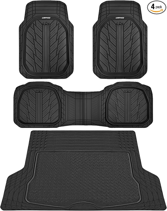 CAR PASS Deep Dish Floor Mats for Cars, Heavy Duty Rubber Floor Mats with Trunk Cargo Liner, Universal Trim-to Fit Automotive Floor mats for Truck Van SUV Waterproof All Weather Car Mats Solid Black