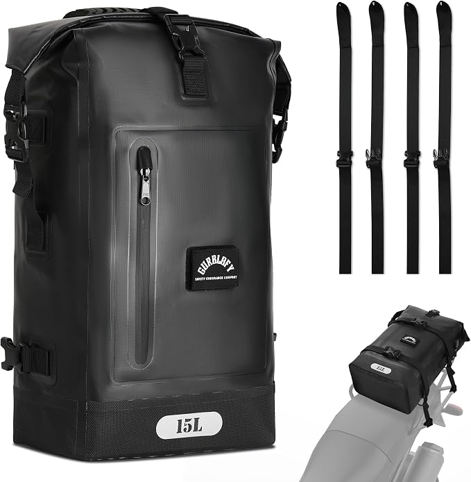 Motorcycle Tail Bag, 15L Waterproof Motorcycle Saddle Bag | 2 Size and 3 Color Options Travel Bag, PVC Luggage Bag, Rear Seat Bag, Classic Black GT-15BL