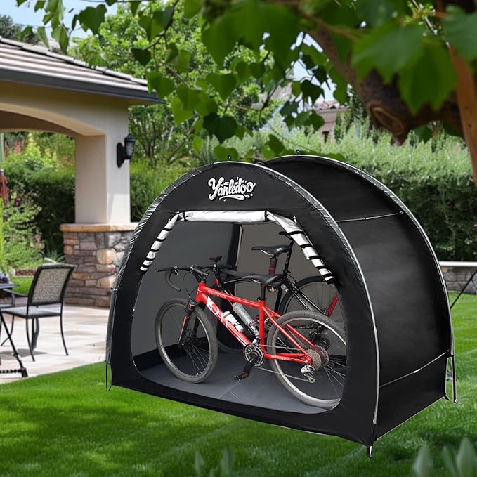 Bike Storage Shed 6.6FT, Easy Setup Waterproof PU4000 210D Oxford Fabric Tent for 2 Bikes, Outdoor Portable Bicycle Shelter with Window, Black