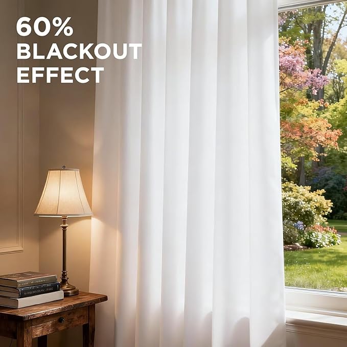 Joydeco 84 Inch 60% Blackout White Curtains 2 Panels, Elegant Semi Sheer Curtains for Bedroom, Thermal Insulated Black Out Drapes for Living Room, Rod Pocket Back Tab Drapes(W52 x L84 Inch,Pure White)