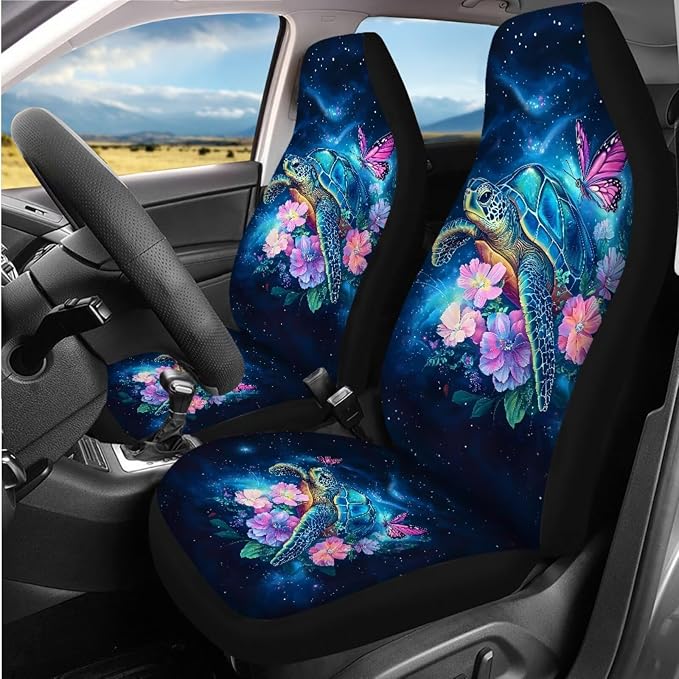 8 Pcs Sea Turtle Butterfly Car Interior Accessories Set for Women, Car Seat Covers Full Set with Auto Steering Wheel Cover, Auto Center Console Pad, Seat Belt Pads