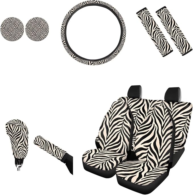 AFPANQZ Zebra Stripe 11 Pieces Auto Accessories Set with Seat Covers Full Set with Hand Brake Cover Gear Shift Knob Cover Seat Belt Pads Car Coaster Steering Wheel Cover