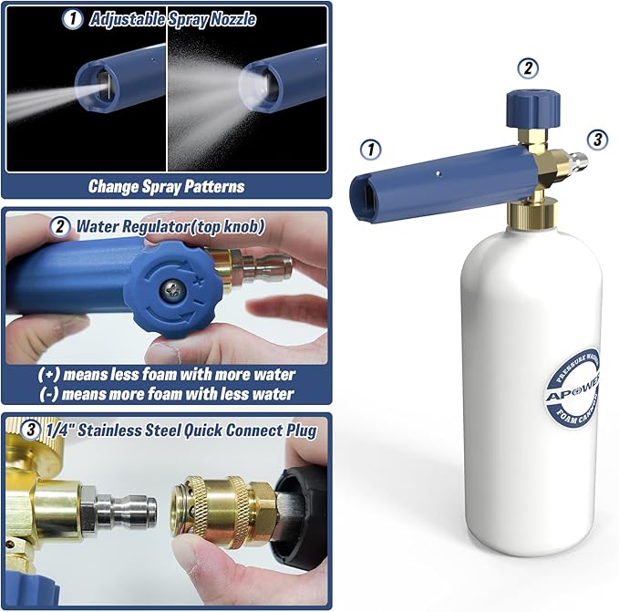 Foam Cannon Dual Connector for Pressure Washer, Double Tip Attachment for Soap Cannon, Pressure Washer Gun and 7 Power Washer Sprayer Nozzles Tips for Car Wash Kit
