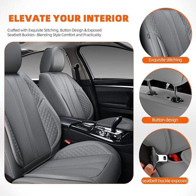 5-Seater Car Seat Covers Full Set Waterproof and Breathable Nappa Leather, Fit for Front and Rear Seats of Cars, Compatible with Airbags, Car Seat Protector Covers for Most Cars - Grey